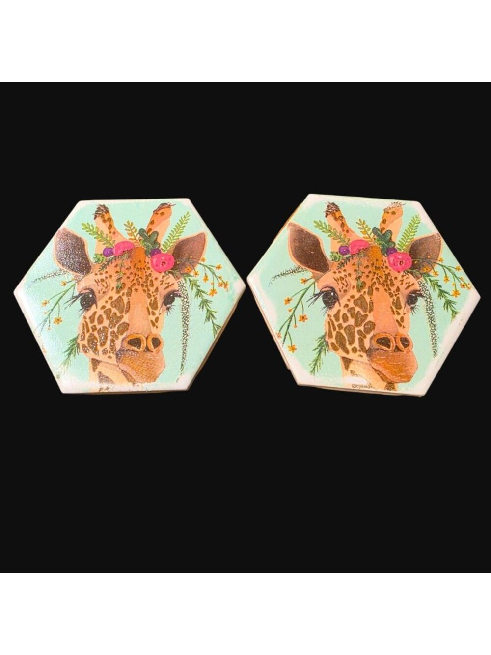 Handcrafted Decoupage Tile Coasters 4" Boho Giraffe Flower Crown Set of 2